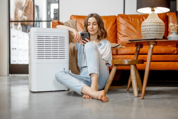 Woman sitting near air purifier and moisturizer appliance